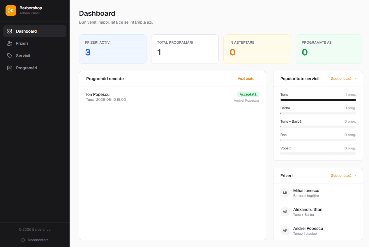 Dashboard principal — programări și calendar